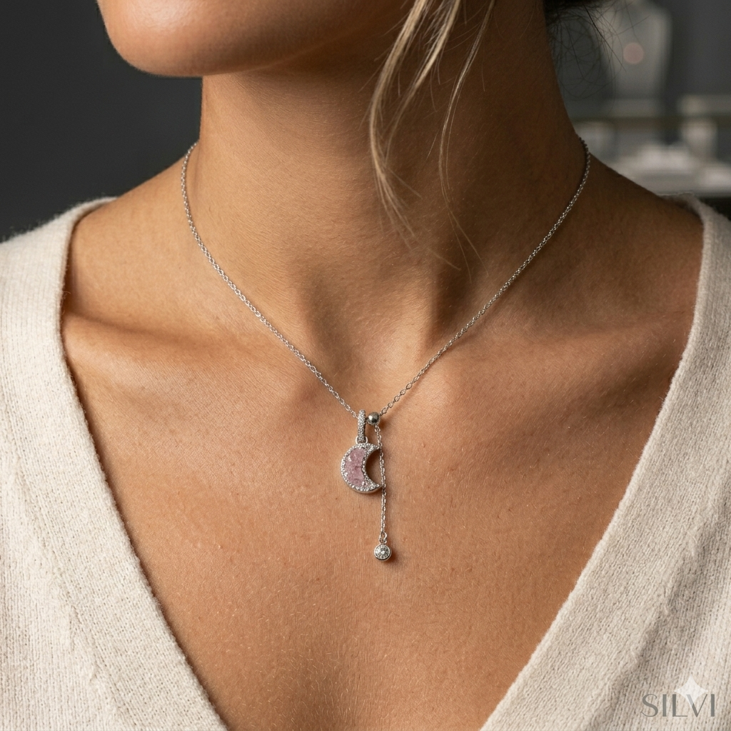 Rose quartz silver necklace