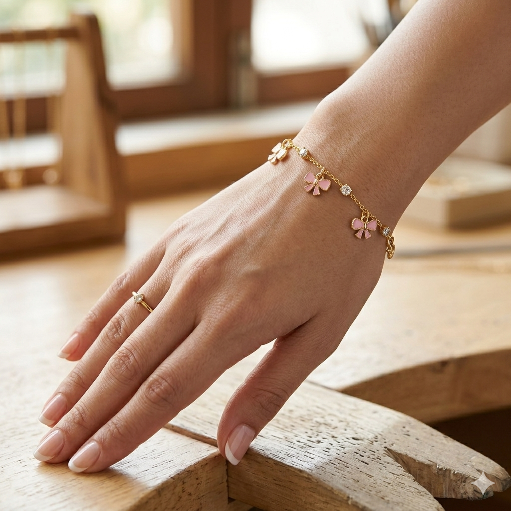 Pink bow and moissanite bracelet