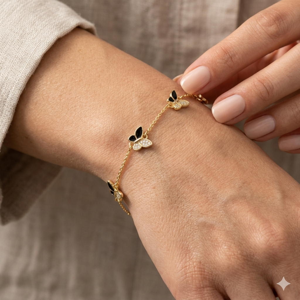 Black and golden moissanite butterfly bracelet
