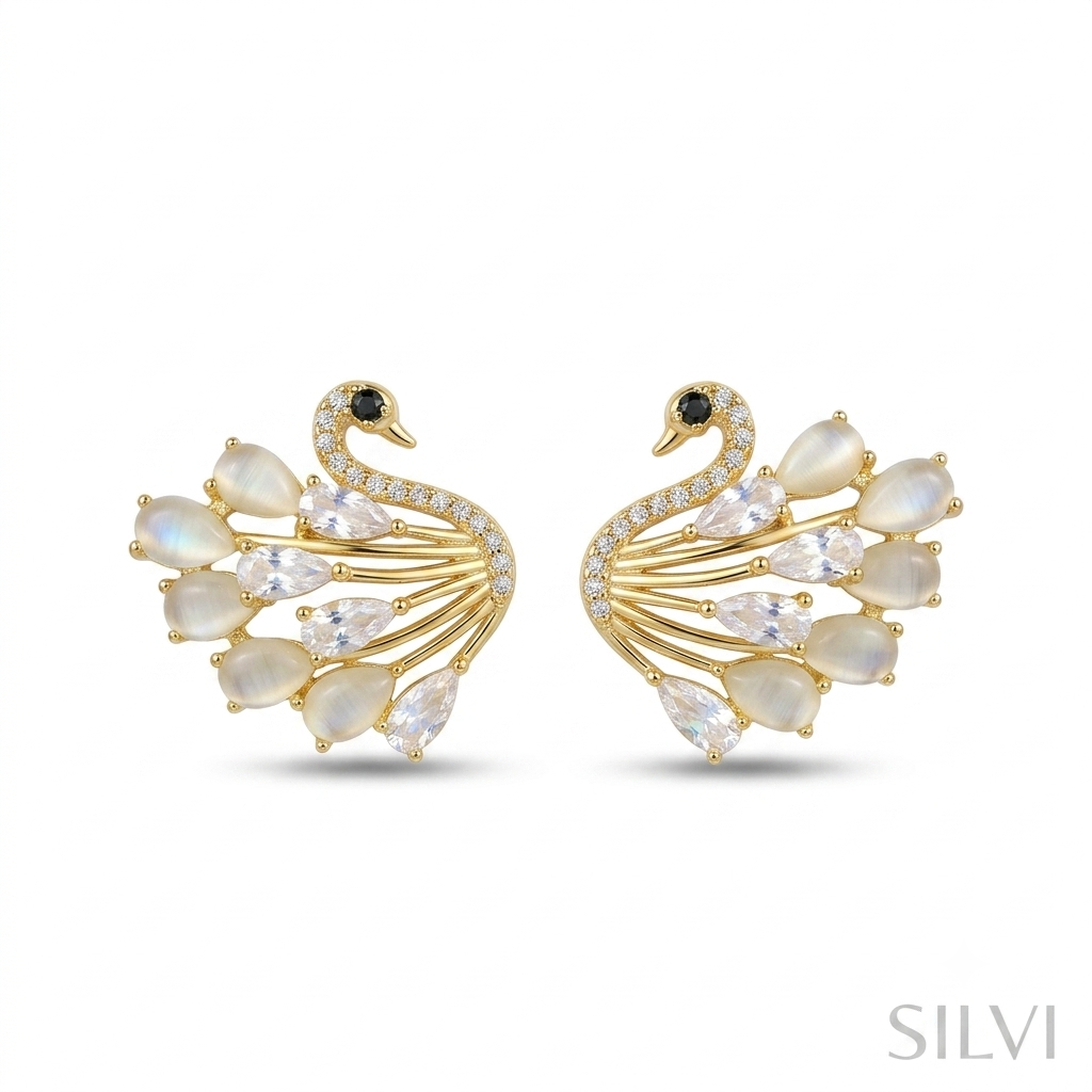 White swan studs with moissanite detailing