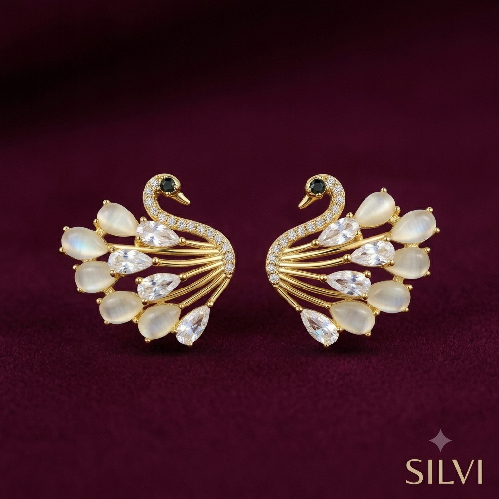 White swan studs with moissanite detailing