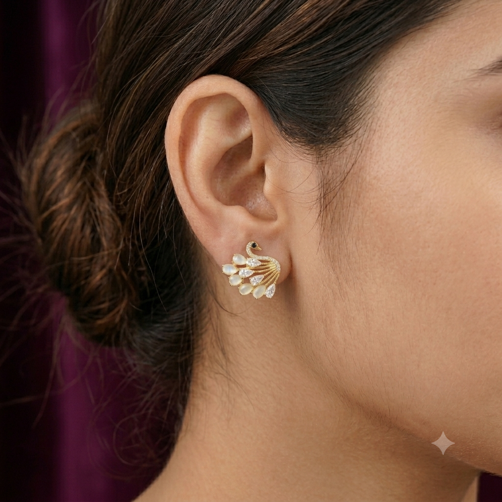 White swan studs with moissanite detailing