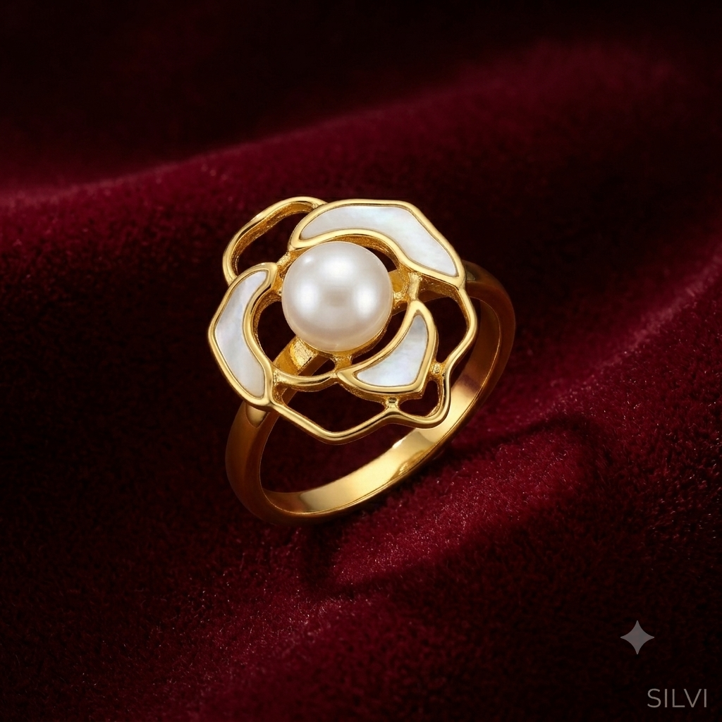 Gold white rose ring with pearl