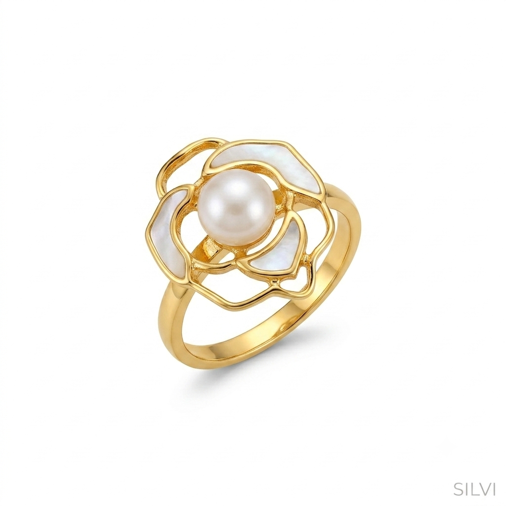 Gold white rose ring with pearl