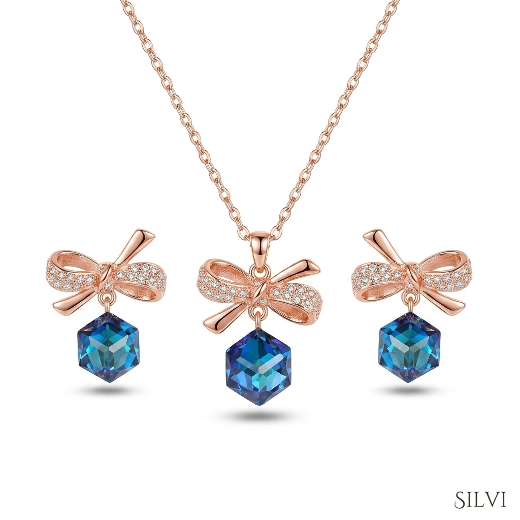 Rose gold plated bluestone bow set