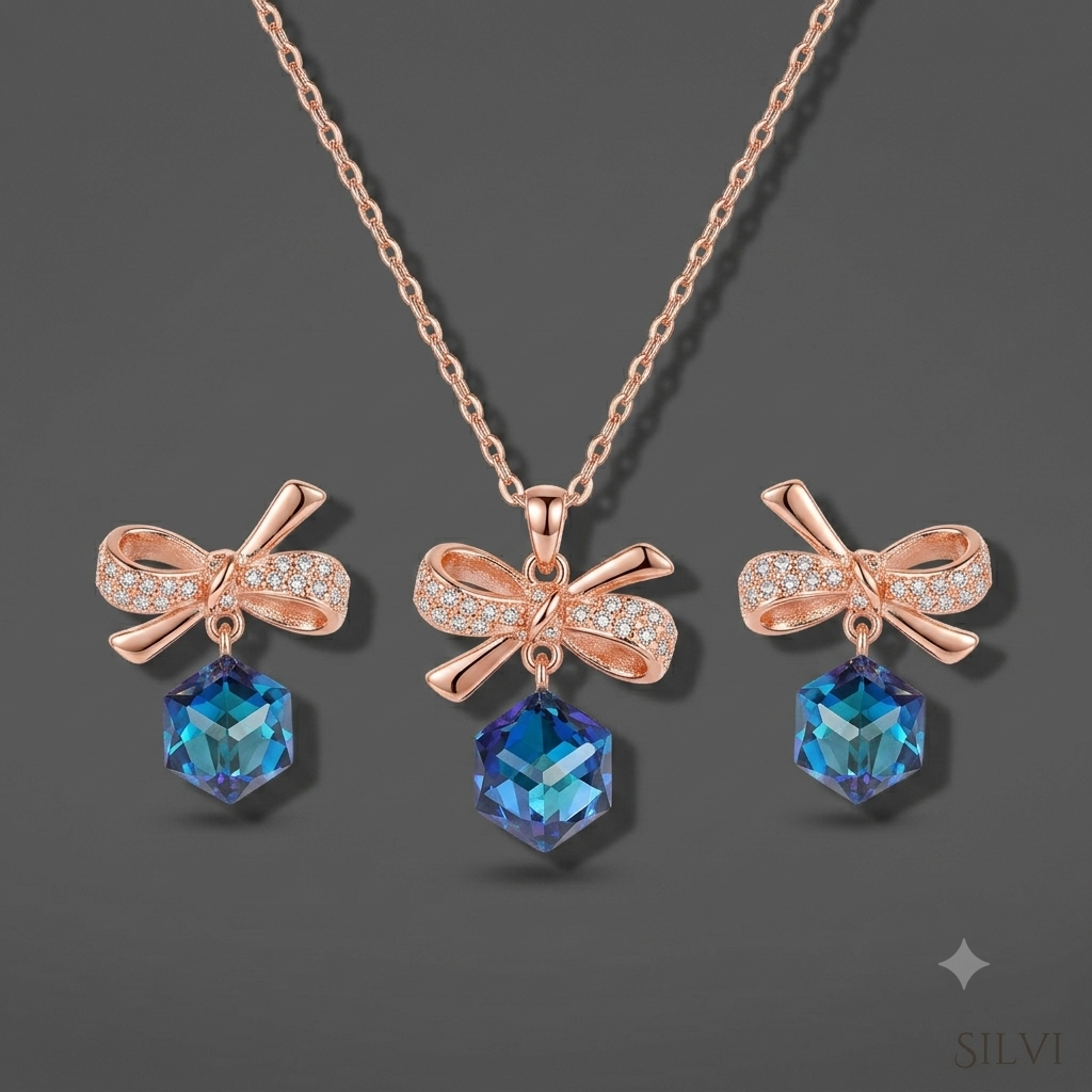 Rose gold plated bluestone bow set