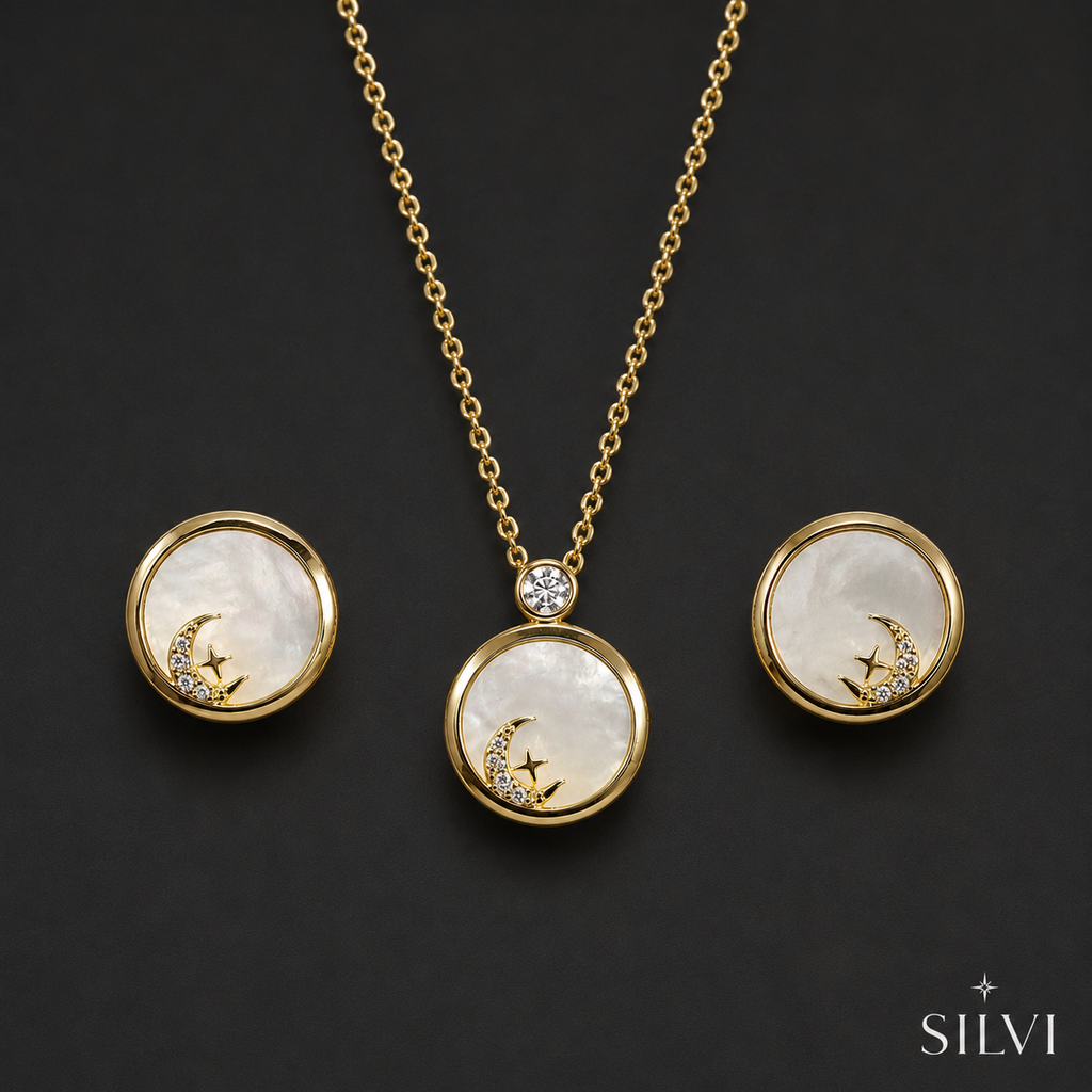 Gold plated crescent moon pendant set