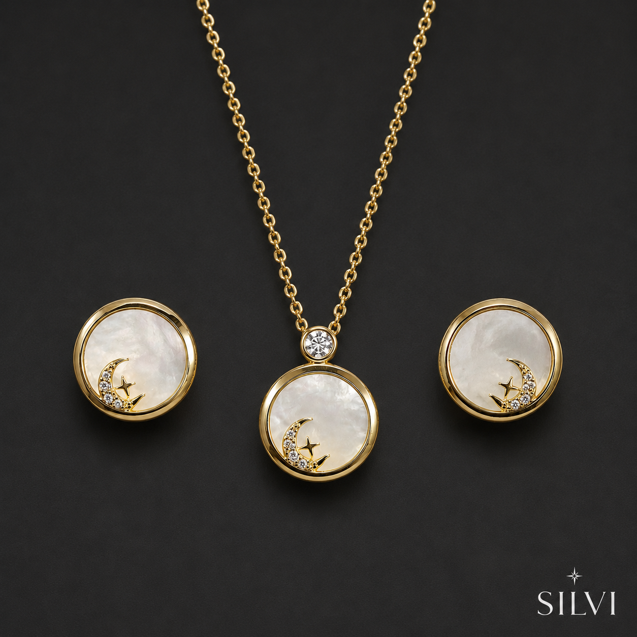 Gold plated crescent moon pendant set