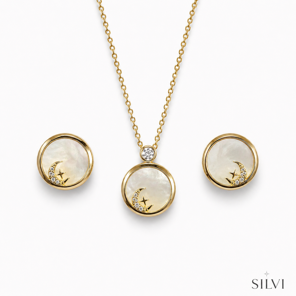 Gold plated crescent moon pendant set