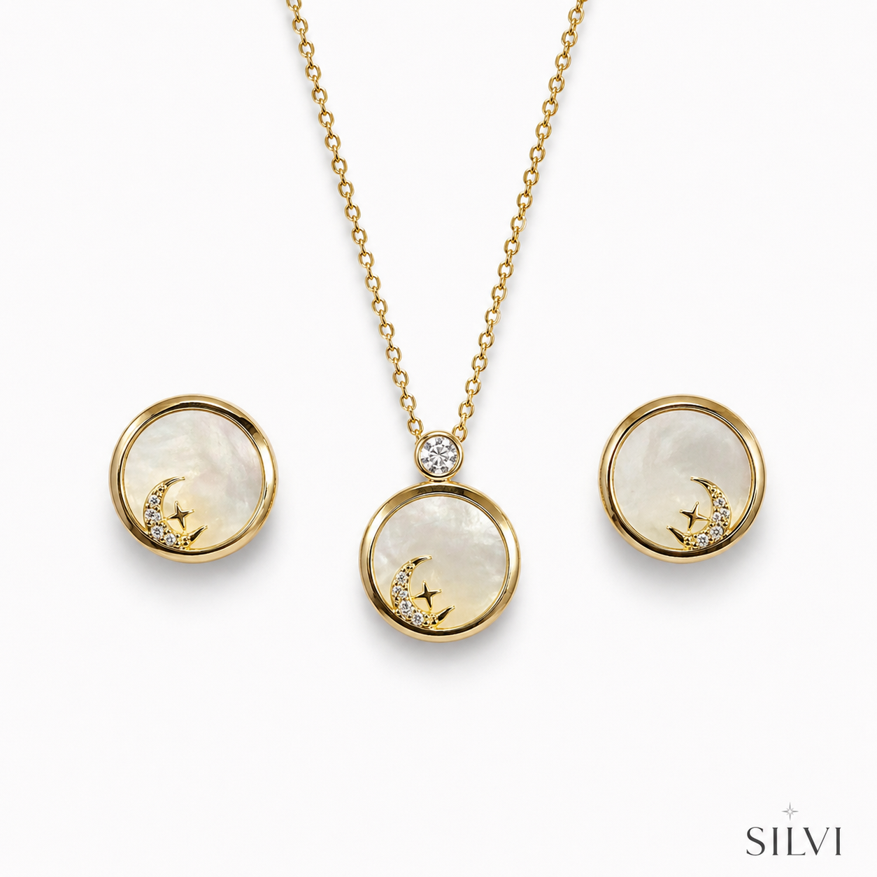 Gold plated crescent moon pendant set