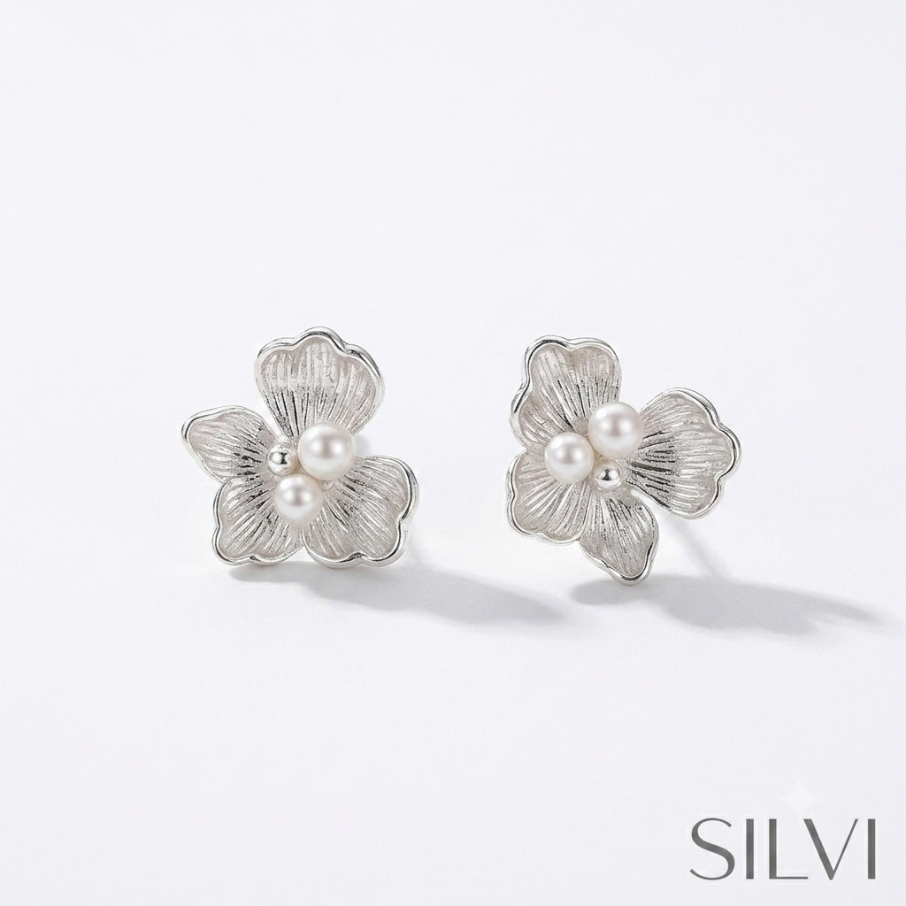 Silver pearl flower earrings