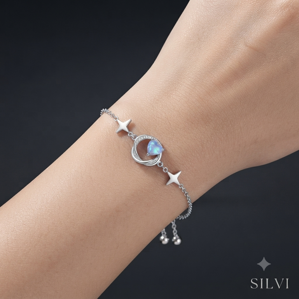 Silver moissanite blue heart bracelet