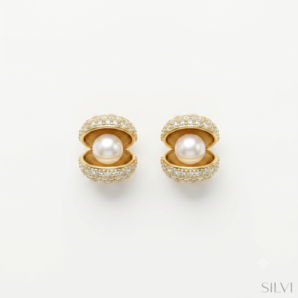 Gold plated pearl in shell earrings