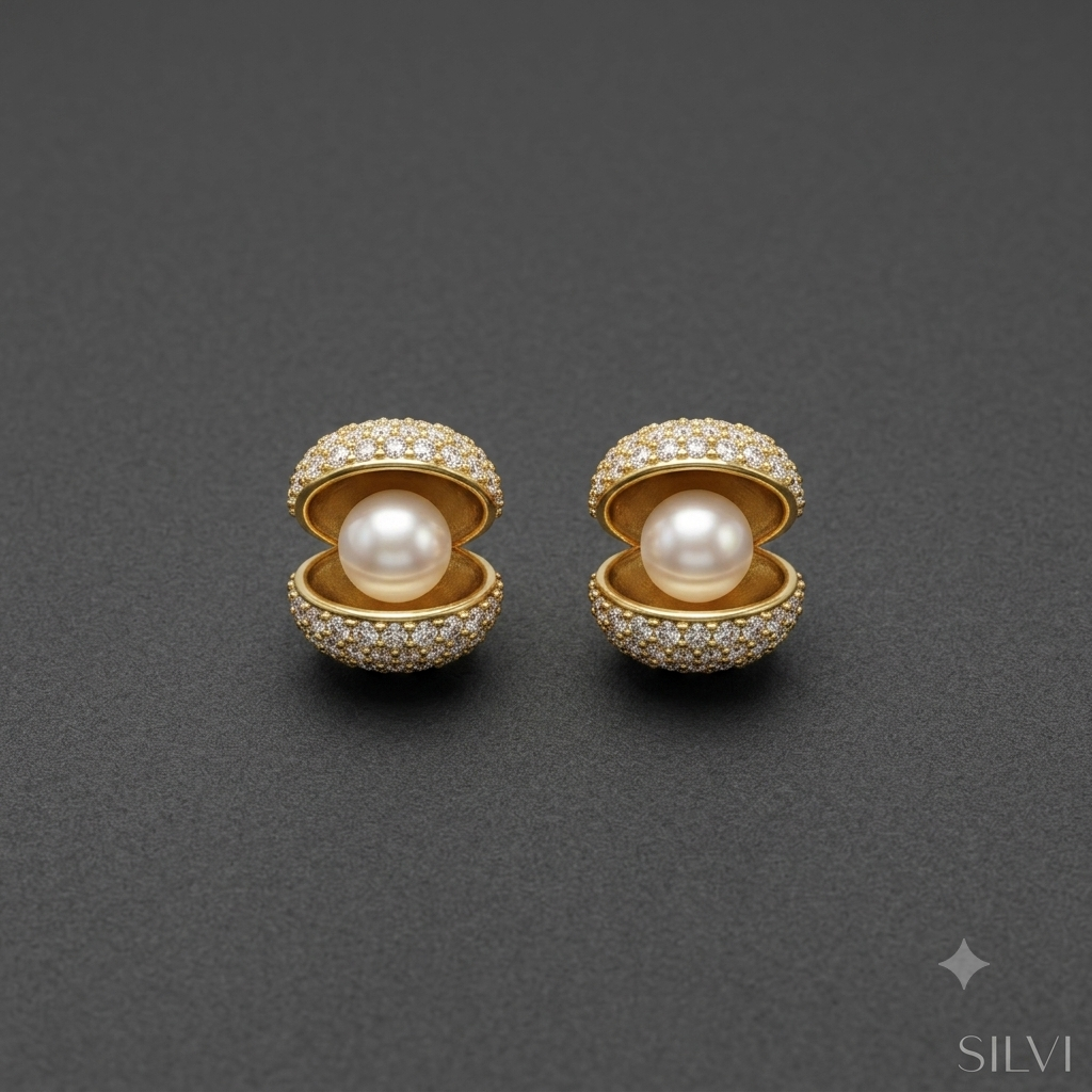 Gold plated pearl in shell earrings