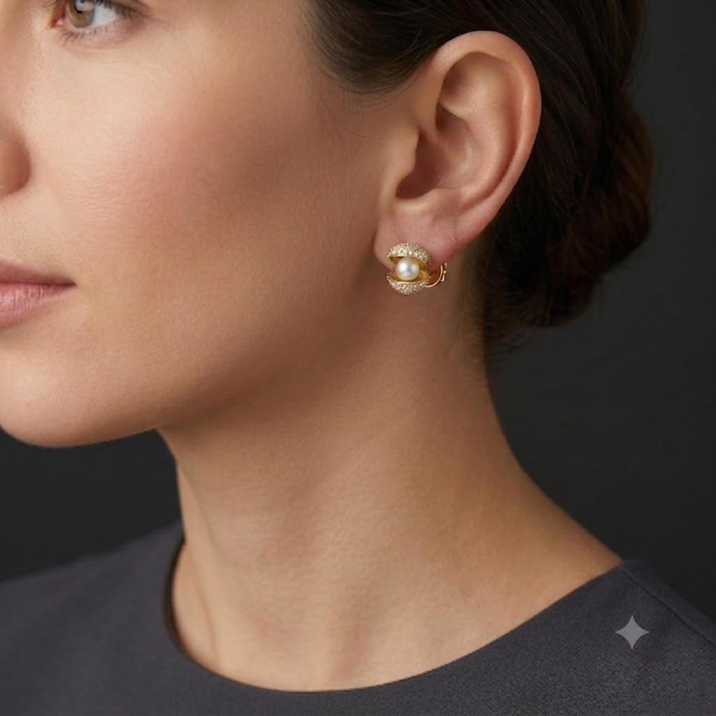 Gold plated pearl in shell earrings