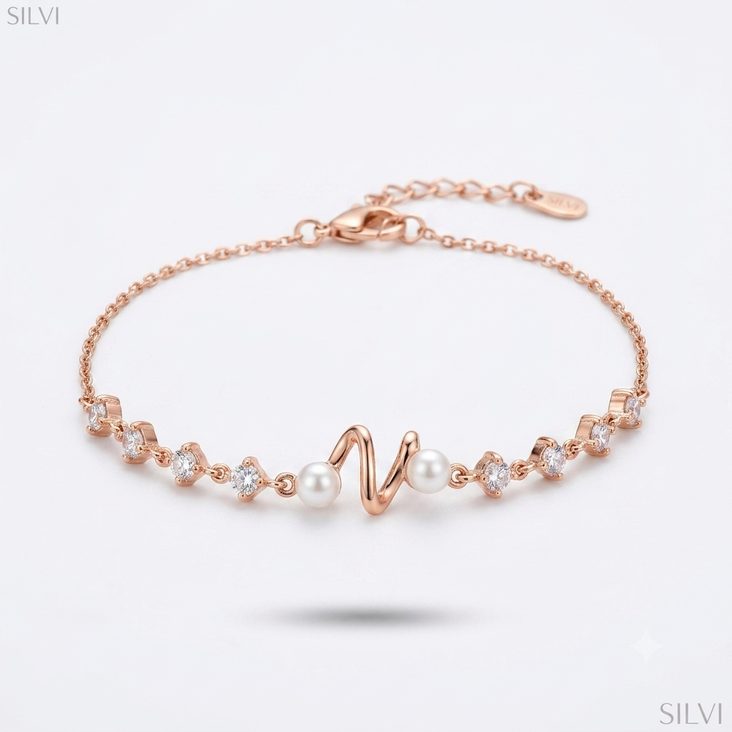 Rose gold plated pearls with curve bracelet
