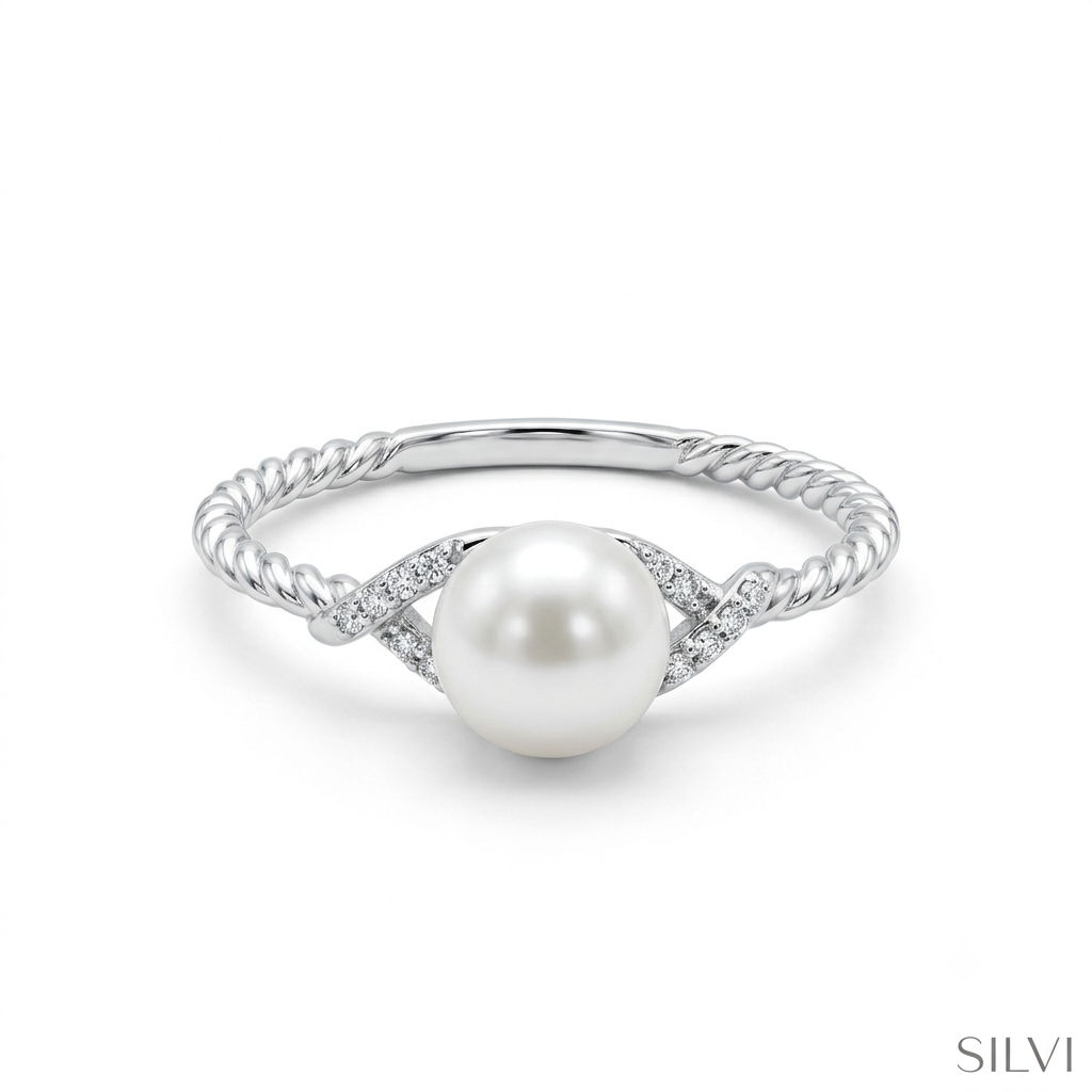 Silver pearl twisted ring