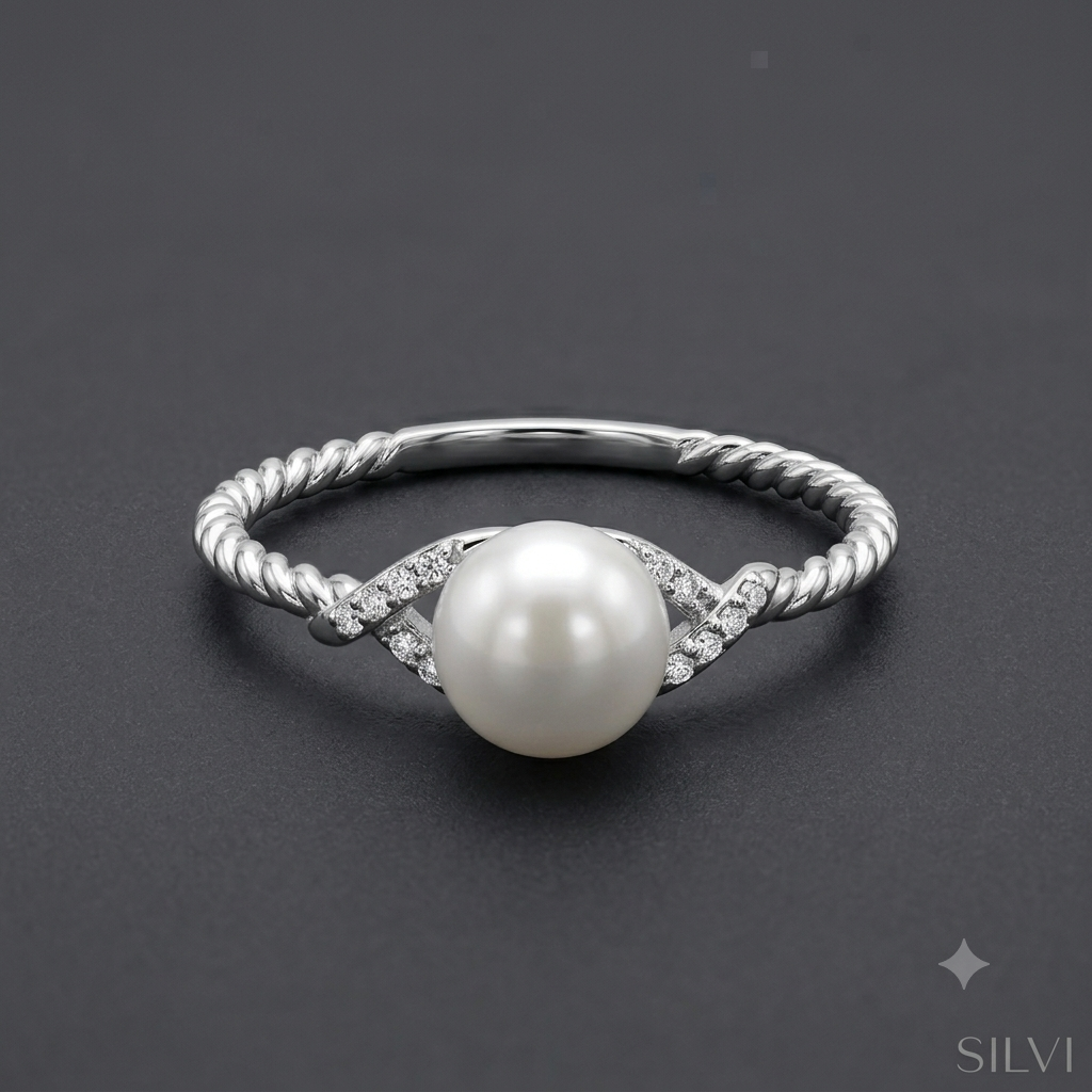 Silver pearl twisted ring