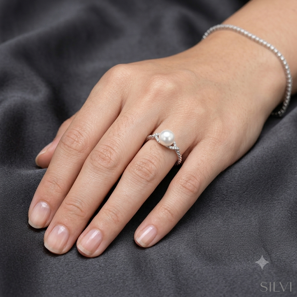 Silver pearl twisted ring