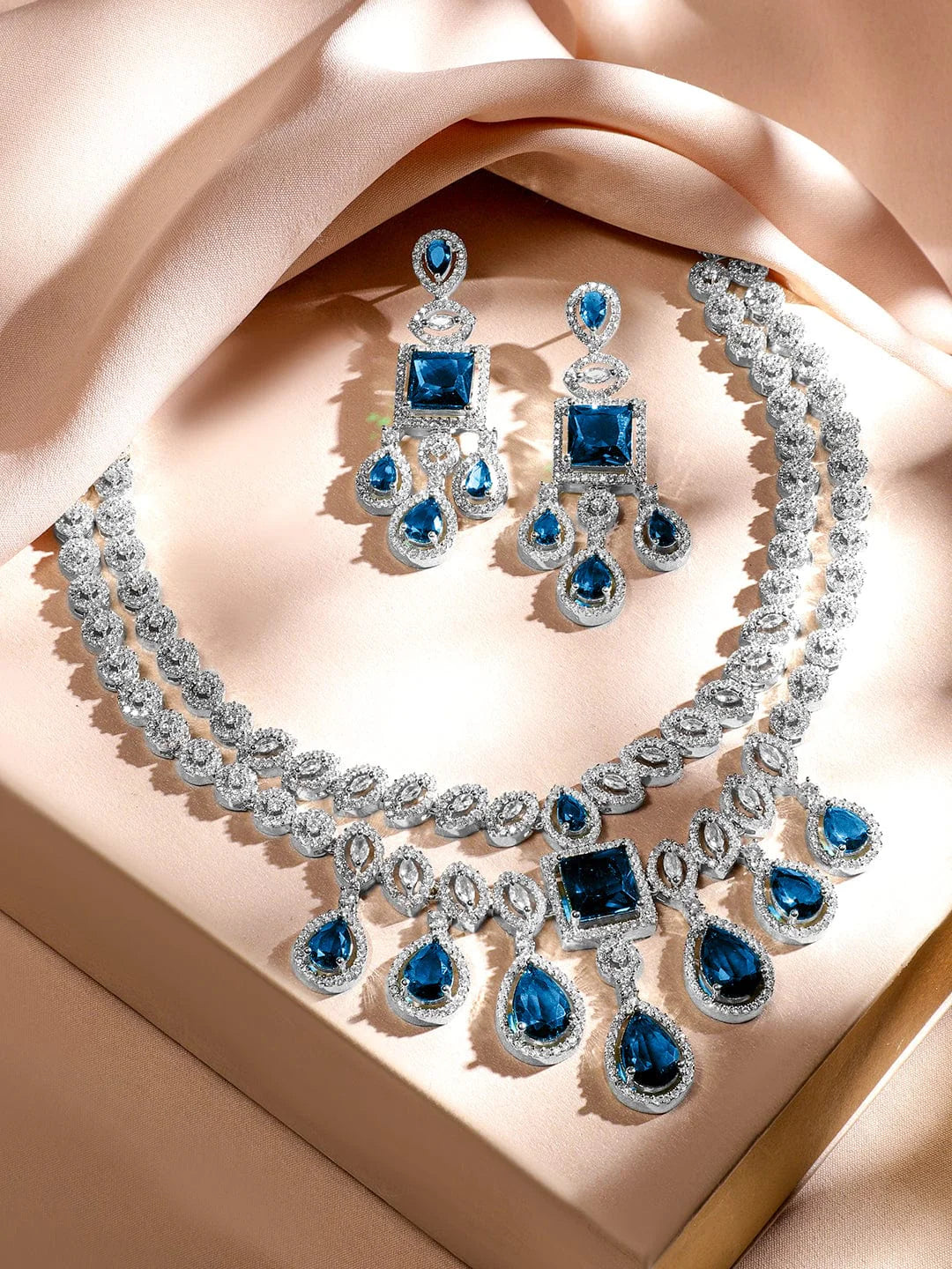 Blue American Diamond Zirconia Two-Layered Necklace Set